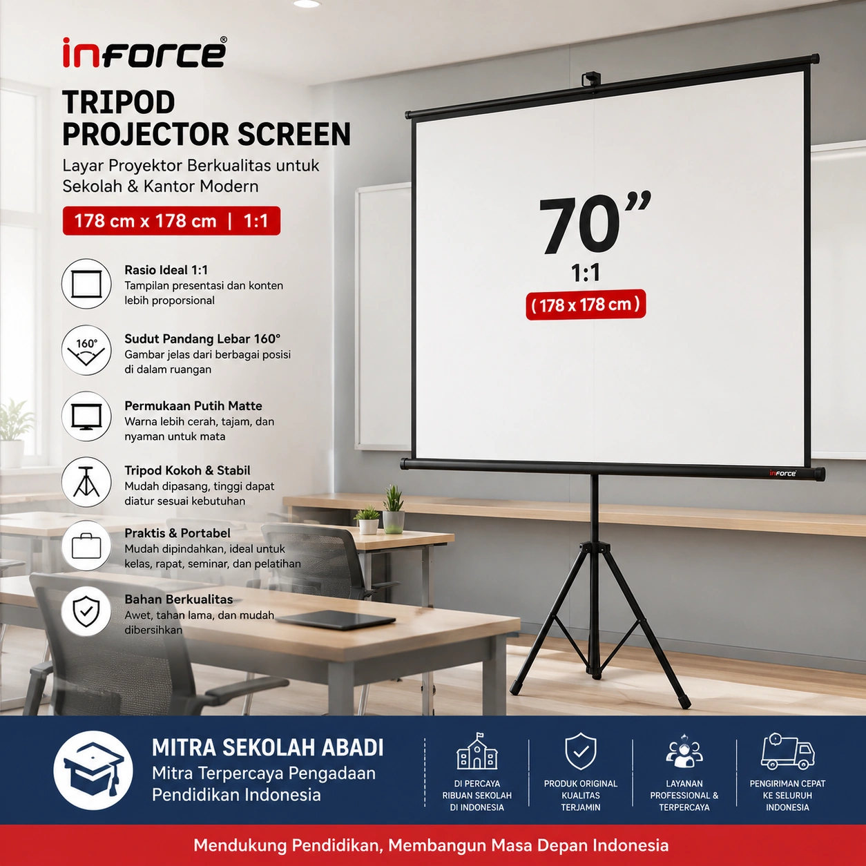 Layar Proyektor Tripod 70 Inch