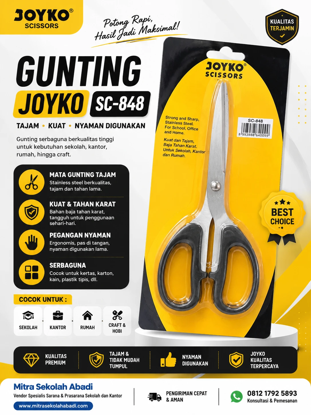 Gunting Joyko SC-848 Stainless Steel 21 cm – Gunting Tajam untuk Sekolah, Kantor & Rumah