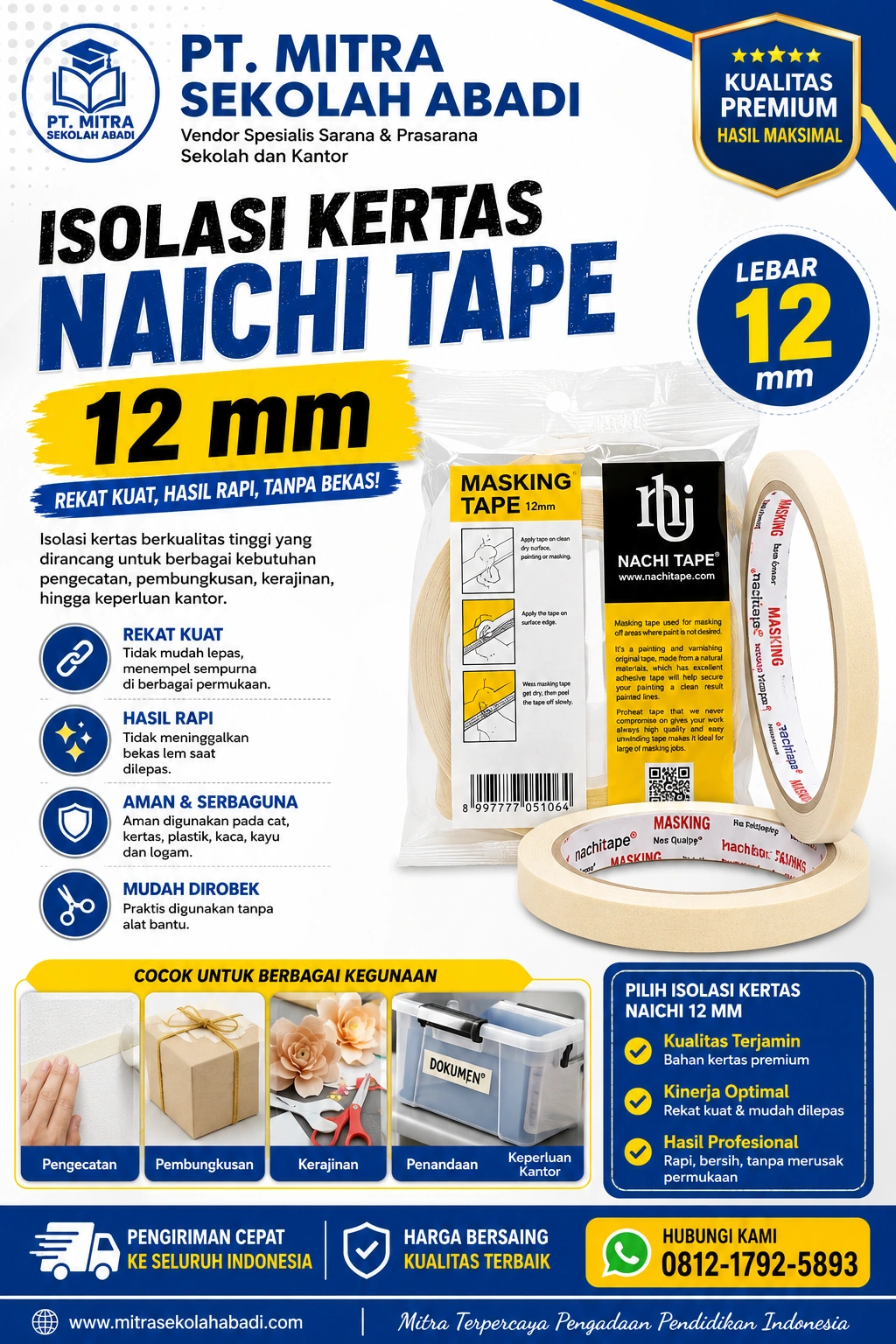 Isolasi Kertas Naichi 12 mm (Masking Tape) – Rekat Kuat, Mudah Dilepas, Hasil Rapi