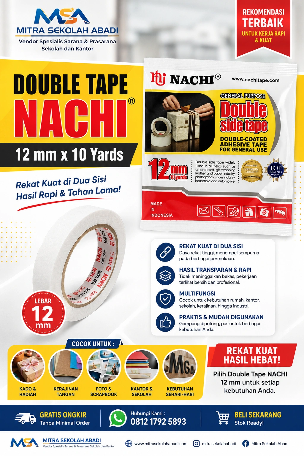 Double Tape NACHI 12 mm x 10 Yards – Perekat Dua Sisi Kuat untuk Sekolah, Kantor & Kerajinan