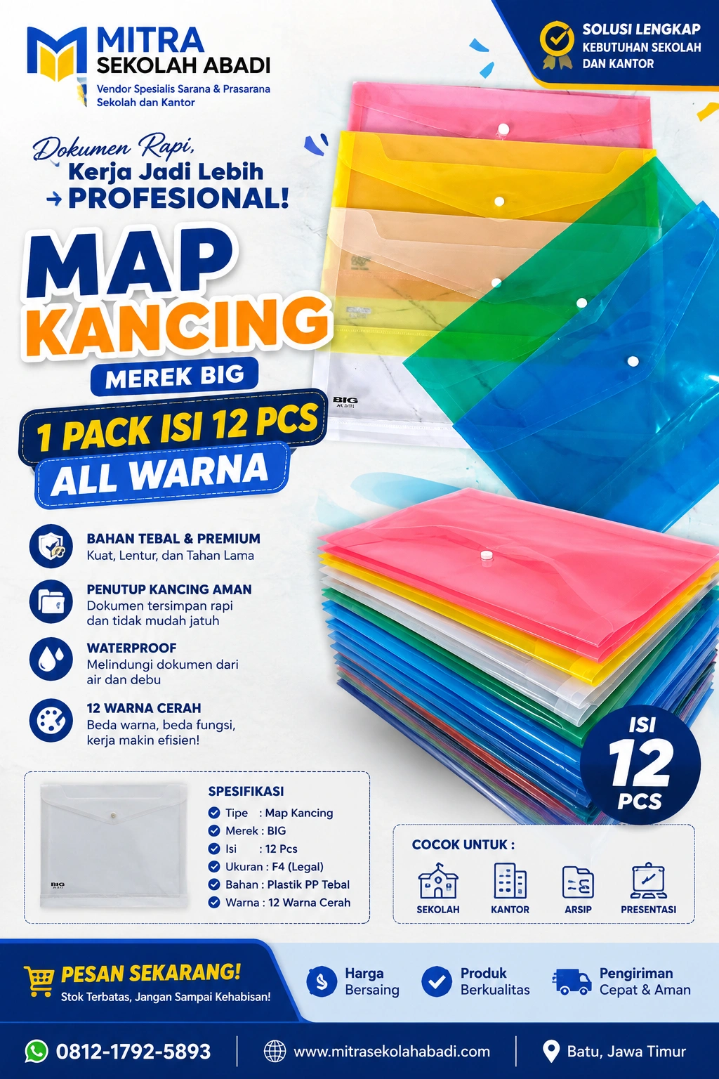 Map Kancing BIG 1 Pack Isi 12 PCS All Warna – Map Dokumen Plastik PP Tebal F4 Legal Berkancing