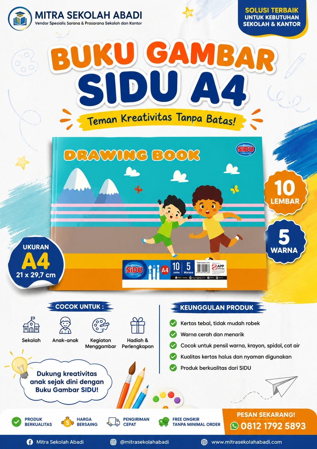 Buku Gambar SIDU A4 10 Lembar 5 Warna – Kertas Tebal untuk Menggambar, Mewarnai & Tugas Sekolah
