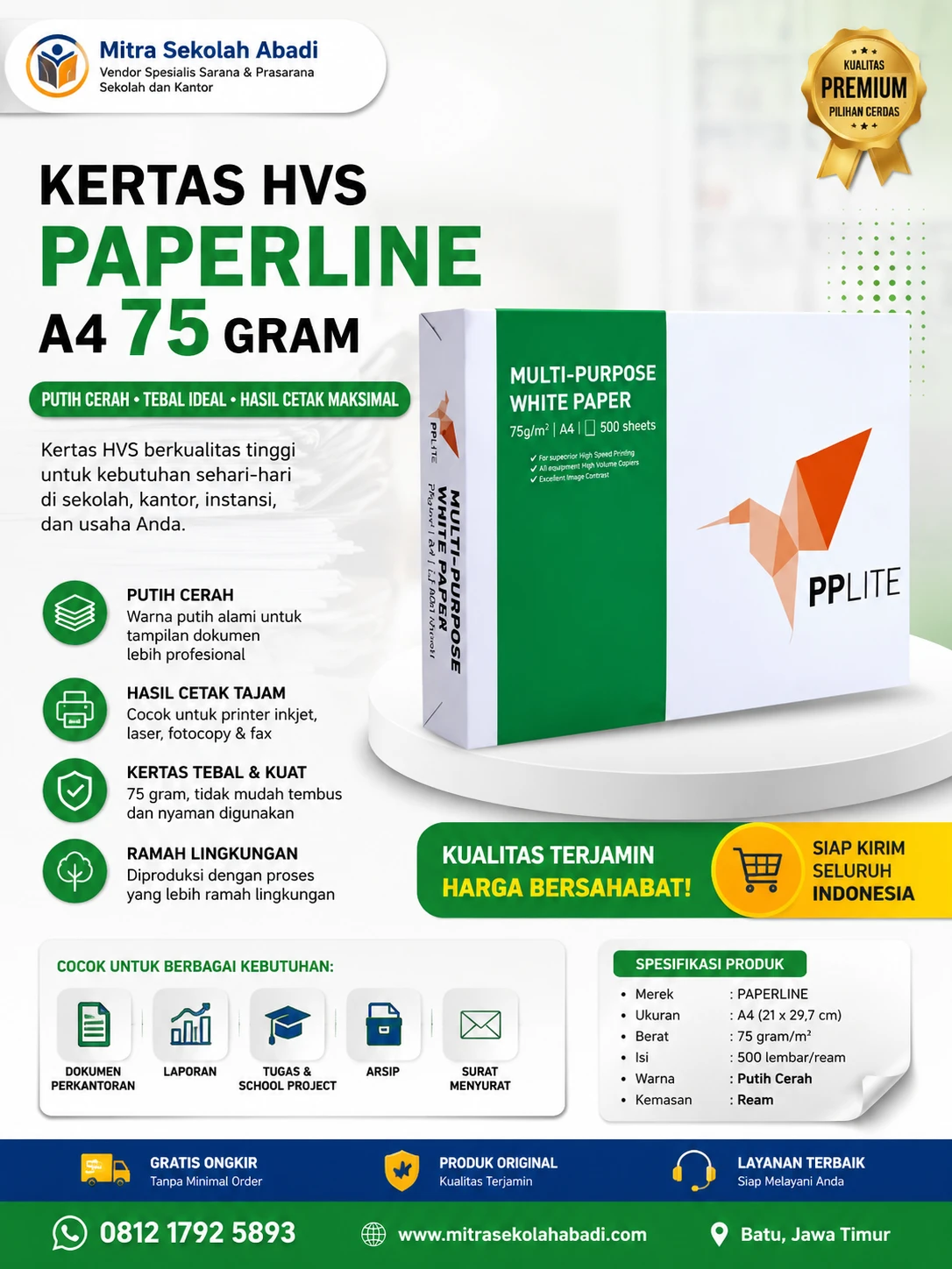 Kertas HVS Paperline A4 75 Gram 500 Lembar – Kertas Fotocopy & Printer Berkualitas untuk Sekolah dan Kantor