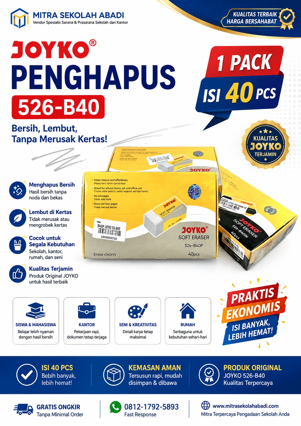 Penghapus Joyko 526 B40 1 Pack Isi 40 Pcs – Penghapus Pensil Lembut, Bersih & Tidak Merusak Kertas
