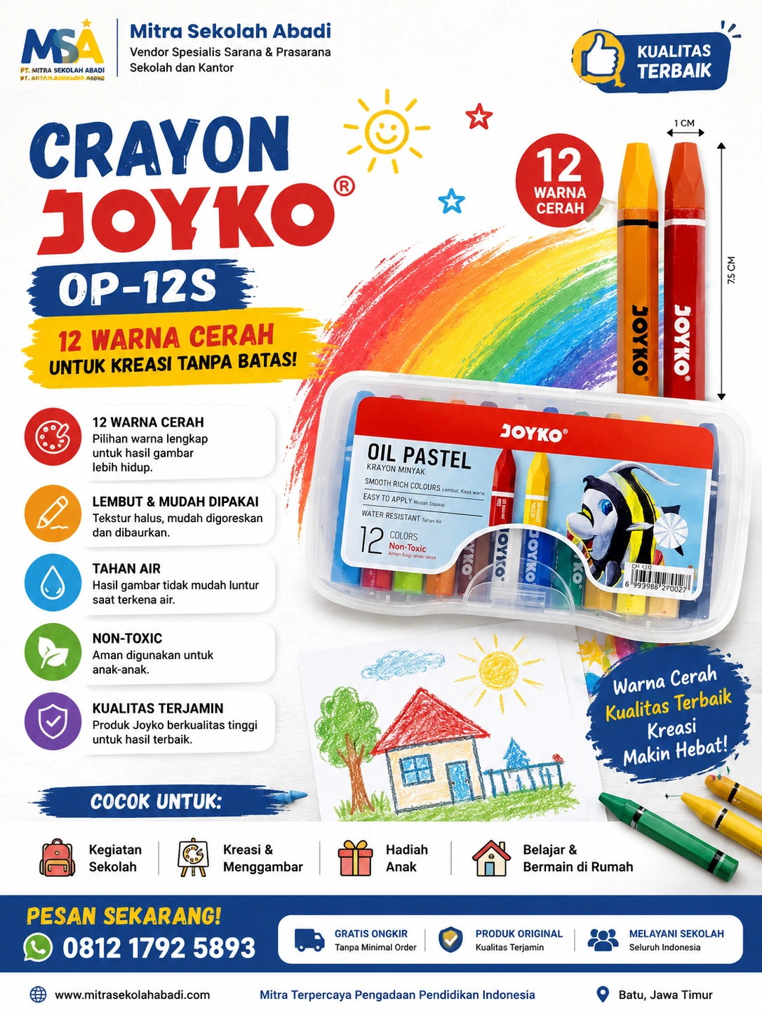 Crayon Joyko OP-12S 12 Warna Oil Pastel – Krayon Minyak Warna Cerah Non Toxic untuk Sekolah & Menggambar