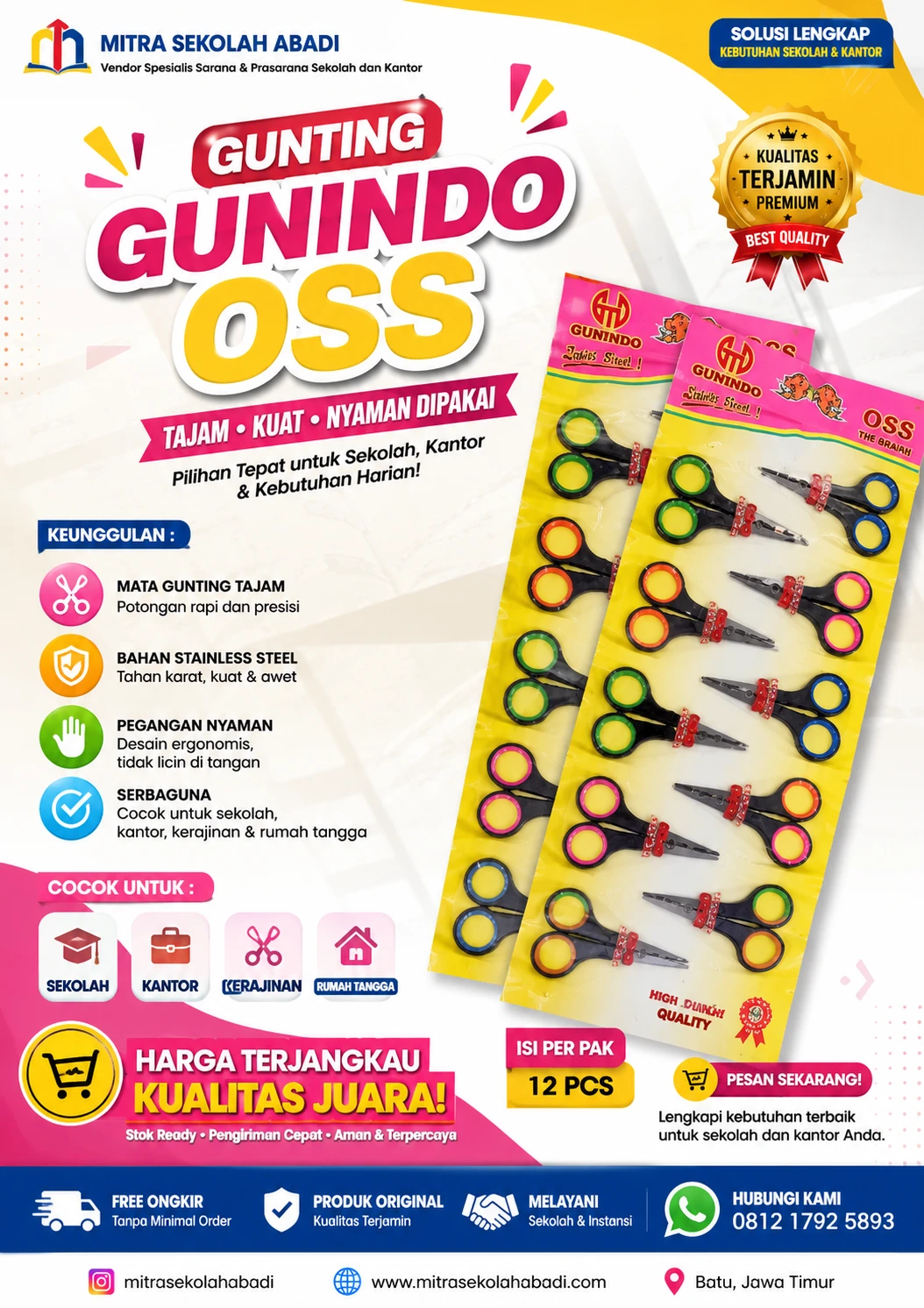Gunting Gunindo OSS Stainless Steel Tajam untuk Sekolah, Kantor & Kerajinan