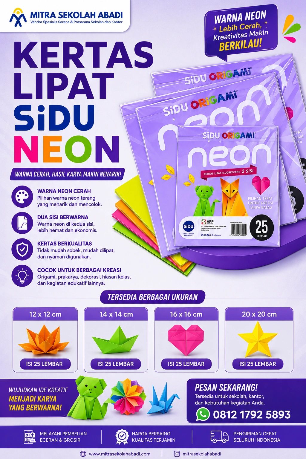 Kertas Lipat Sidu Neon 2 Sisi – Warna Cerah Tersedia Ukuran 12x12, 14x14, 16x16 & 20x20 cm