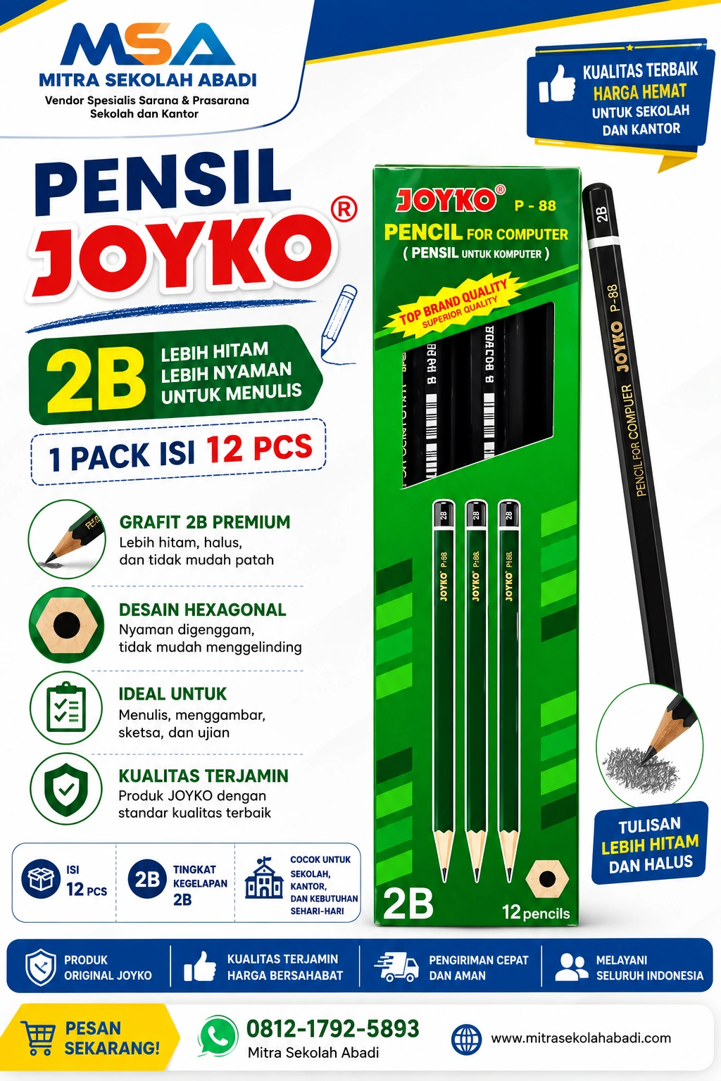Pensil 2B Joyko P-88 1 Pack Isi 12 Pcs – Pensil Tulis Berkualitas untuk Sekolah, Ujian & Menggambar