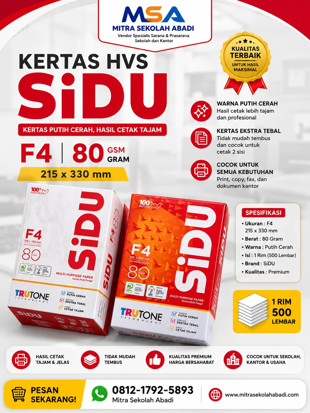 Kertas HVS SiDU F4 80 Gram 1 Rim Isi 500 Lembar – Kertas Copy Print Berkualitas Premium
