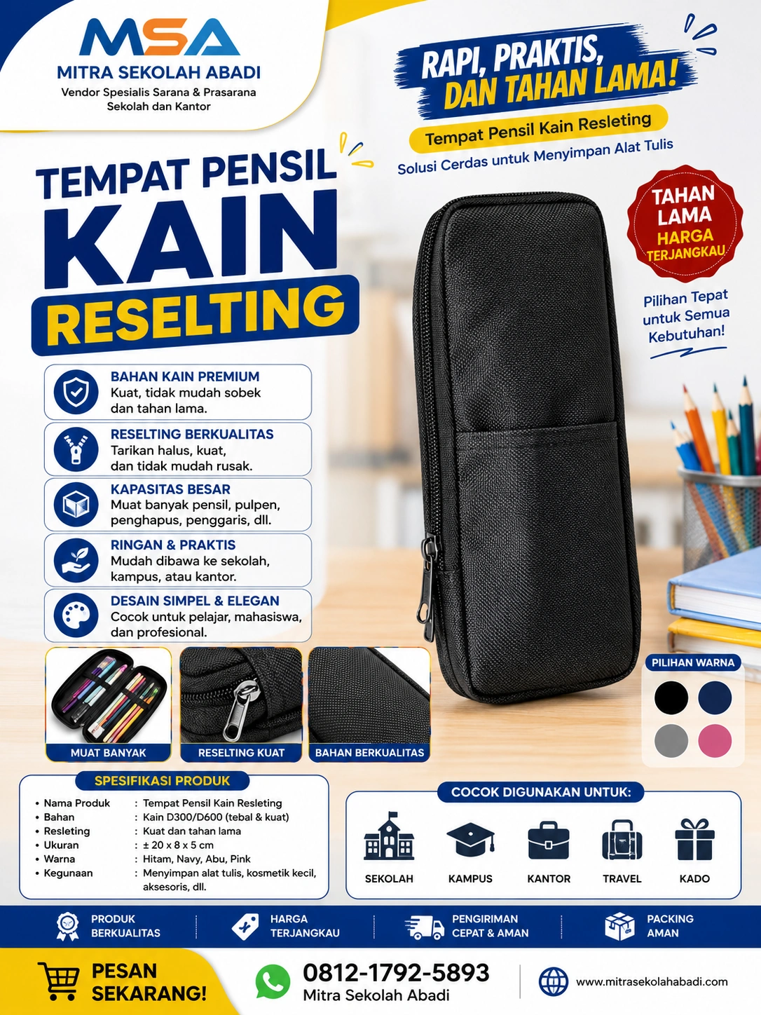 Tempat Pensil Kain Resleting – Pouch Alat Tulis Multifungsi, Kuat dan Praktis