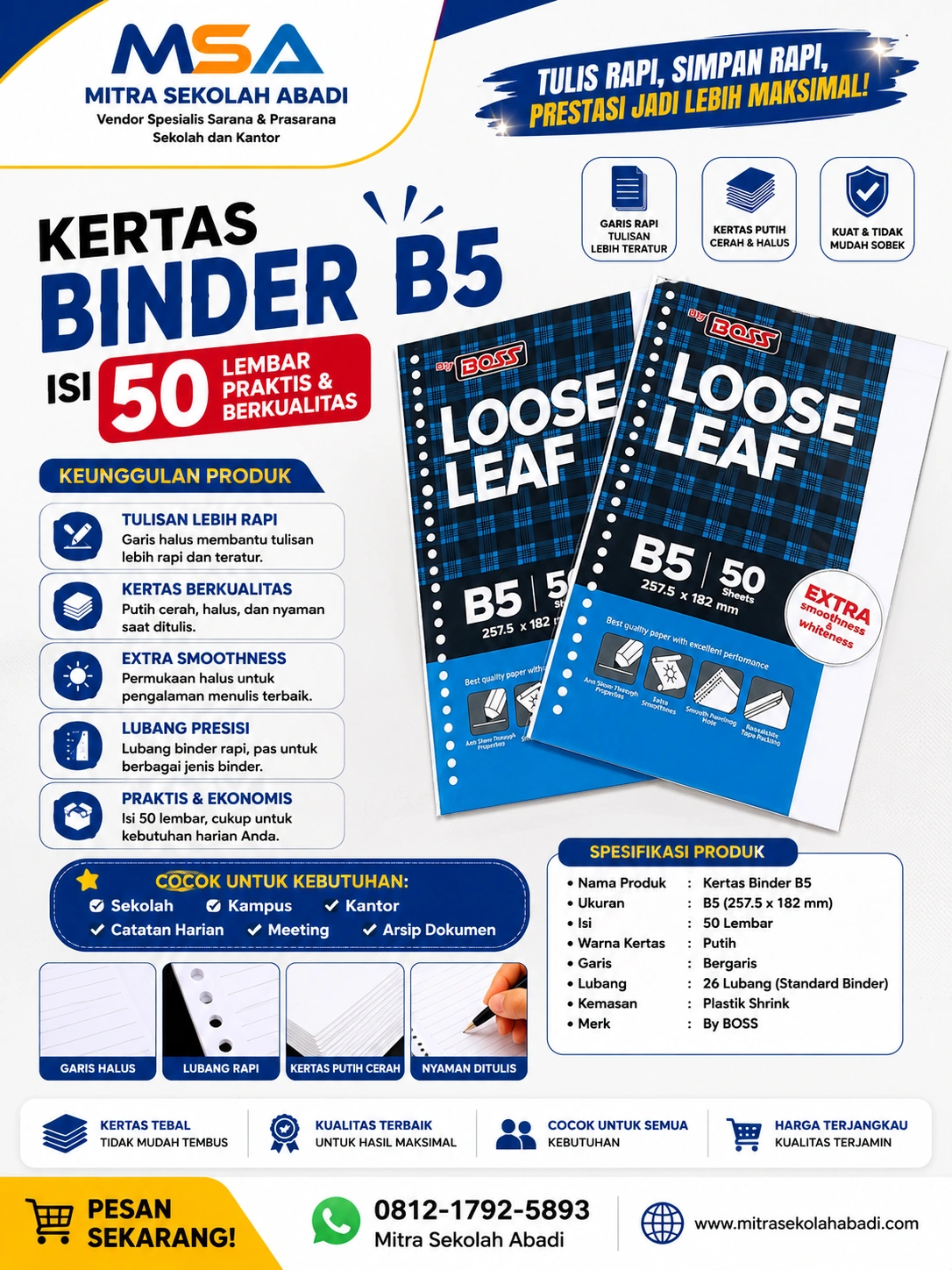 Kertas Binder B5 Isi 50 Lembar – Loose Leaf B5 Berkualitas untuk Sekolah, Kuliah & Kantor