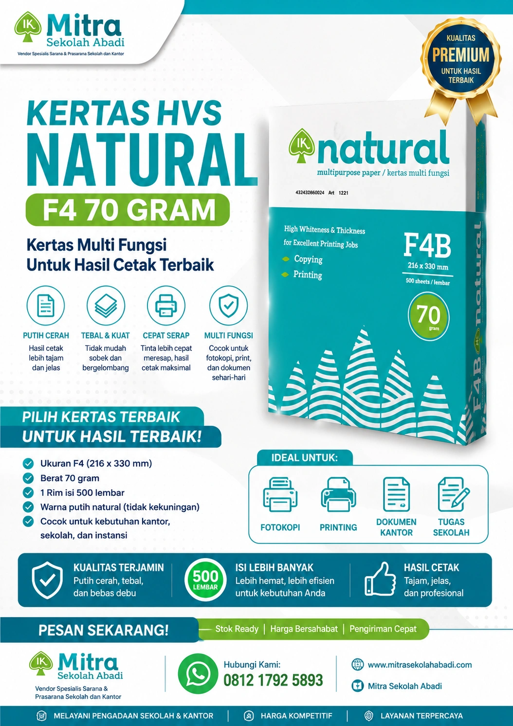 Kertas HVS F4 70 Gram Natural – Kertas Fotokopi & Print Berkualitas untuk Sekolah, Kantor, dan Usaha