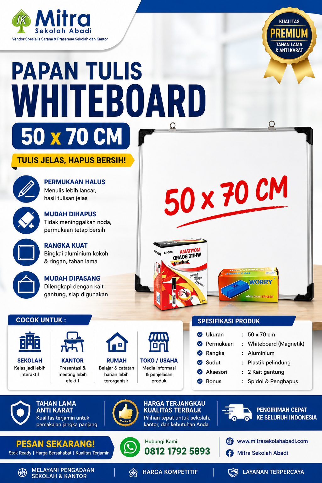 Papan Tulis Whiteboard 50 x 70 cm – White Board Magnetik untuk Sekolah, Kantor, dan Rumah