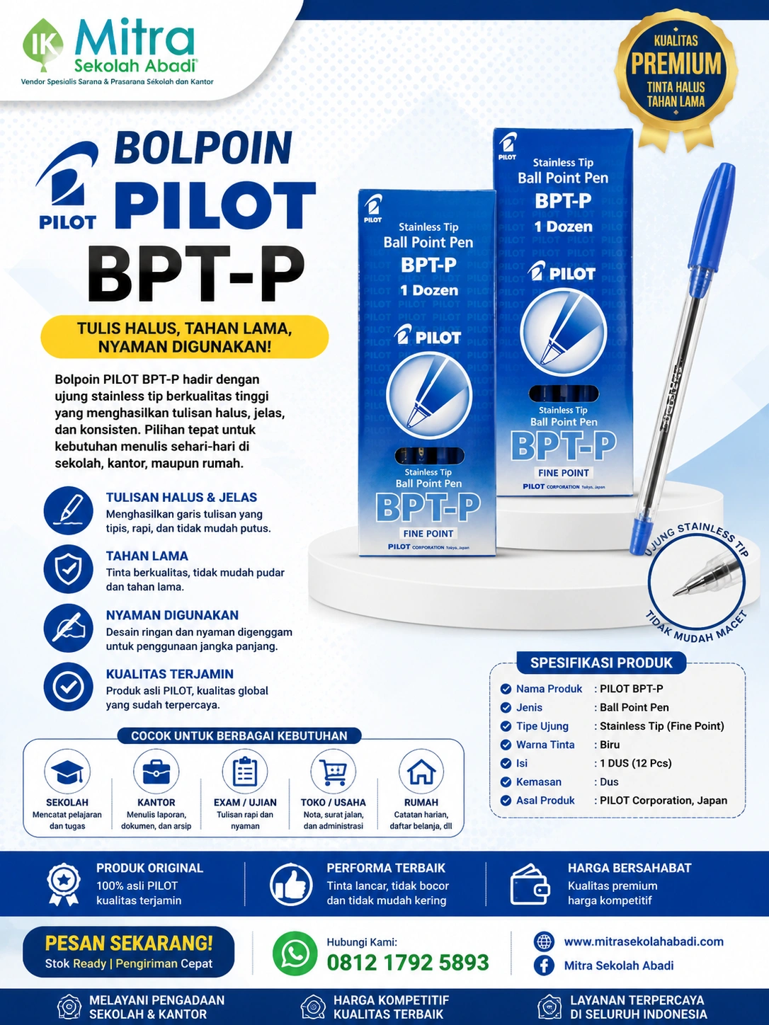 Bolpoin Pilot BPT-P – Pulpen Ballpoint Original dengan Tinta Halus & Ujung Stainless Steel