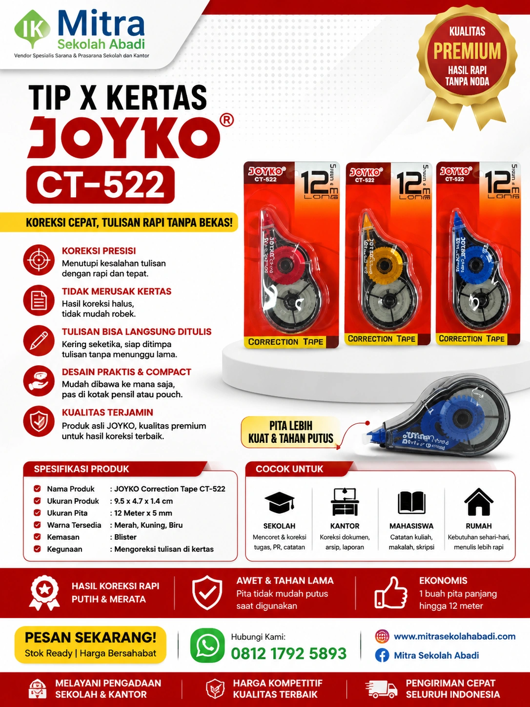Tip Ex Kertas Joyko CT-522 – Correction Tape 12 Meter x 5 mm untuk Koreksi Cepat dan Rapi
