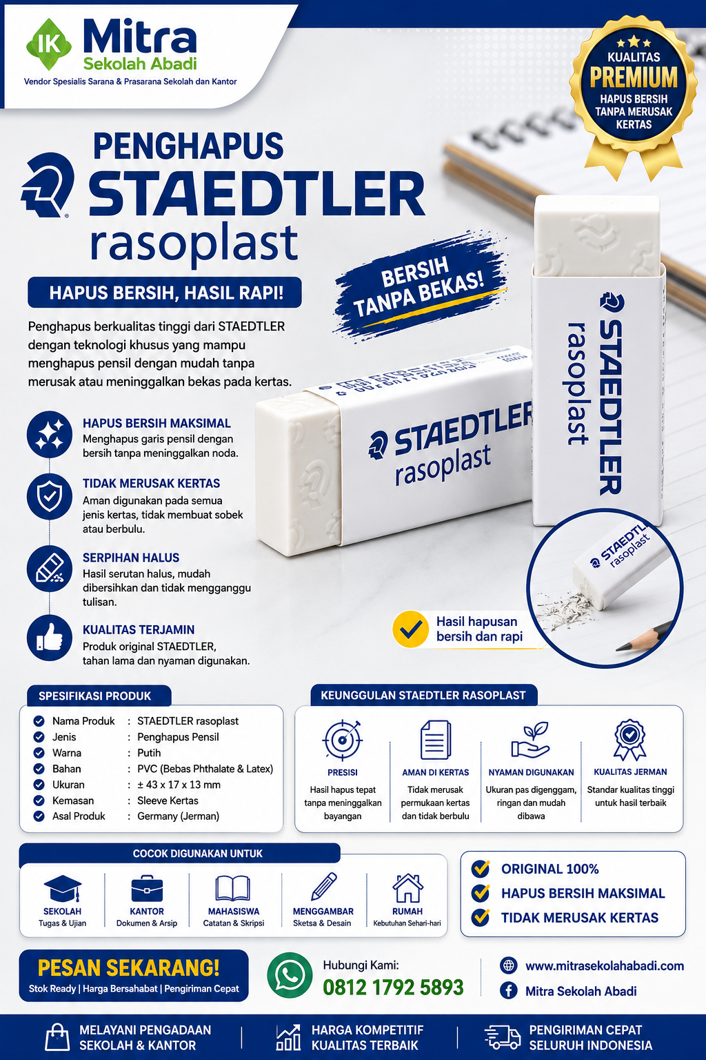 Penghapus Pensil Staedtler Rasoplast Original – Penghapus Berkualitas, Bersih Tanpa Merusak Kertas