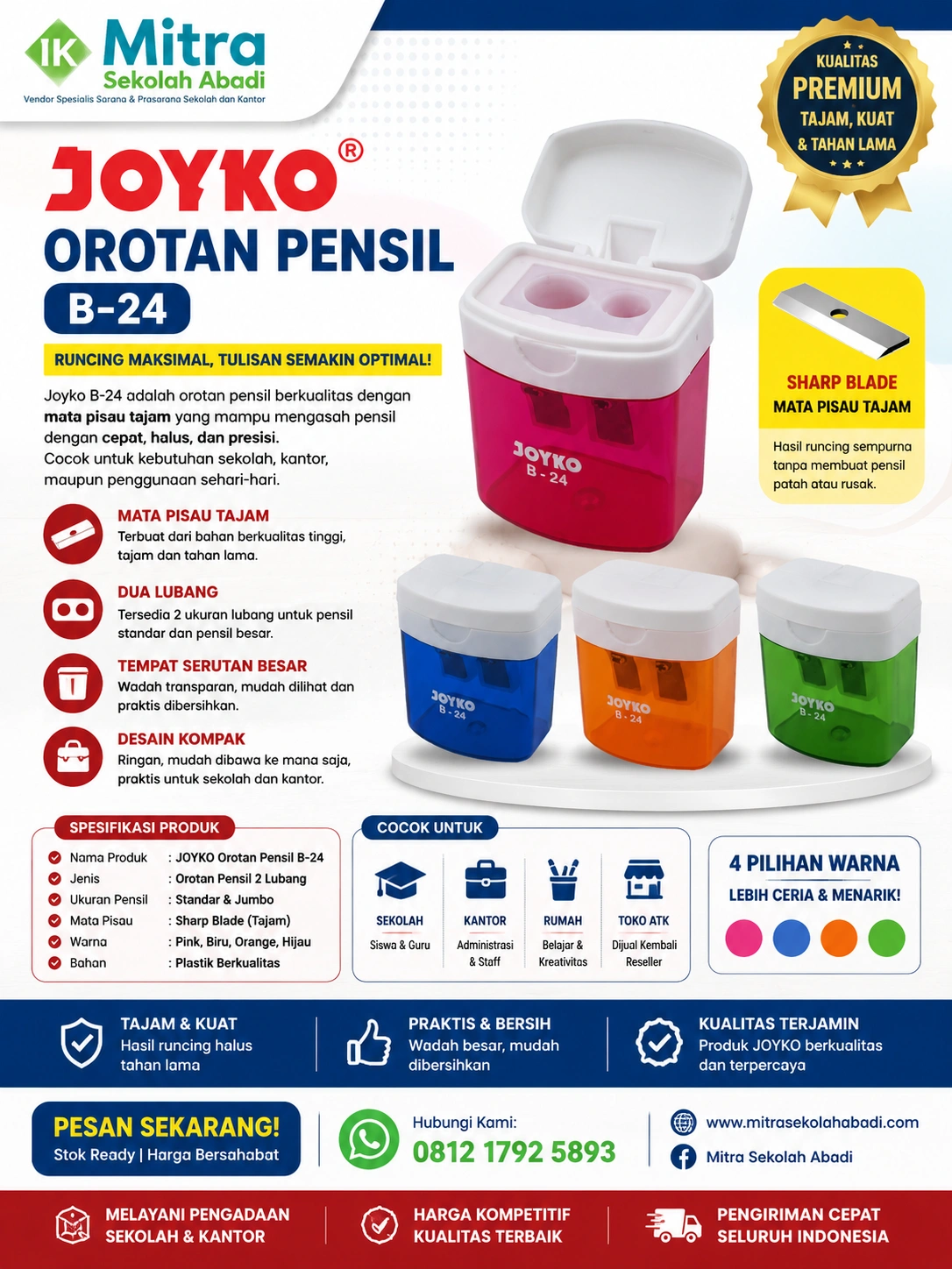 Orotan Pensil Joyko B-24 – Rautan Pensil 2 Lubang dengan Wadah Serutan dan Mata Pisau Tajam
