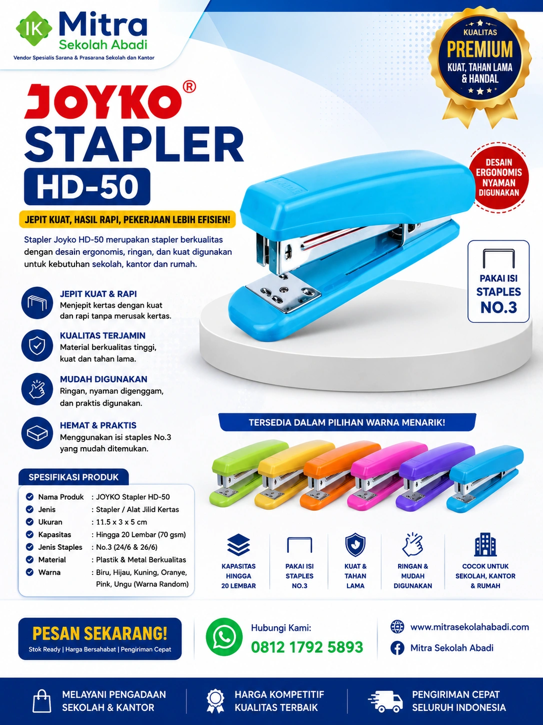 Stapler Joyko HD-50 – Stapler No. 3 Berkualitas untuk Sekolah, Kantor, dan Rumah