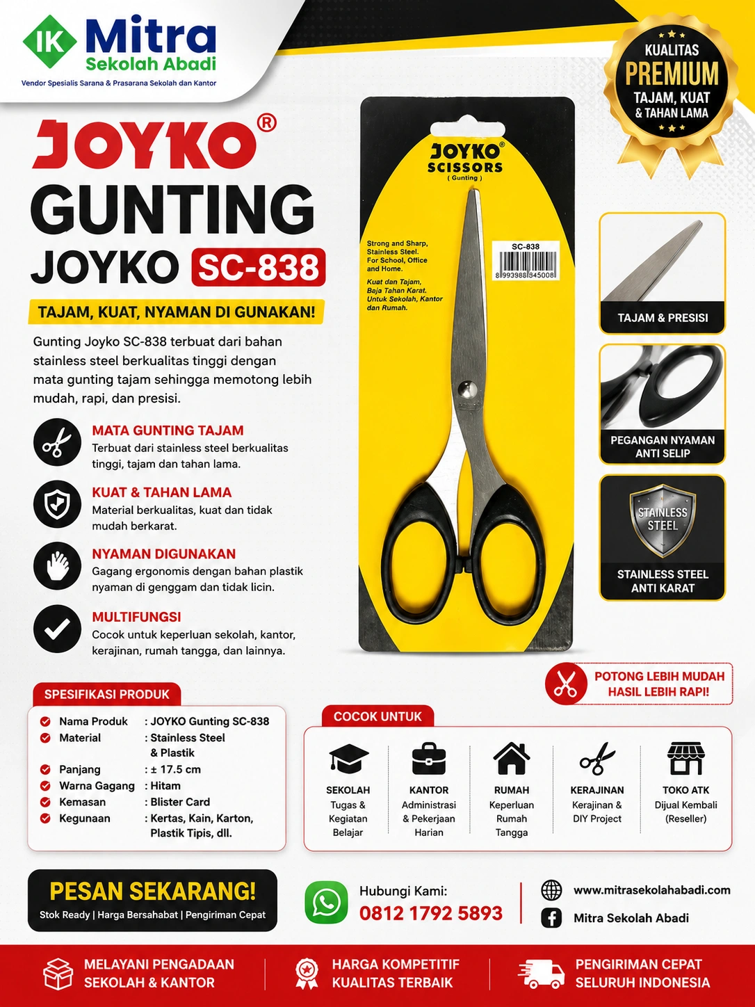 Gunting Joyko SC-838 Original – Gunting Stainless Steel Tajam untuk Sekolah, Kantor, dan Rumah
