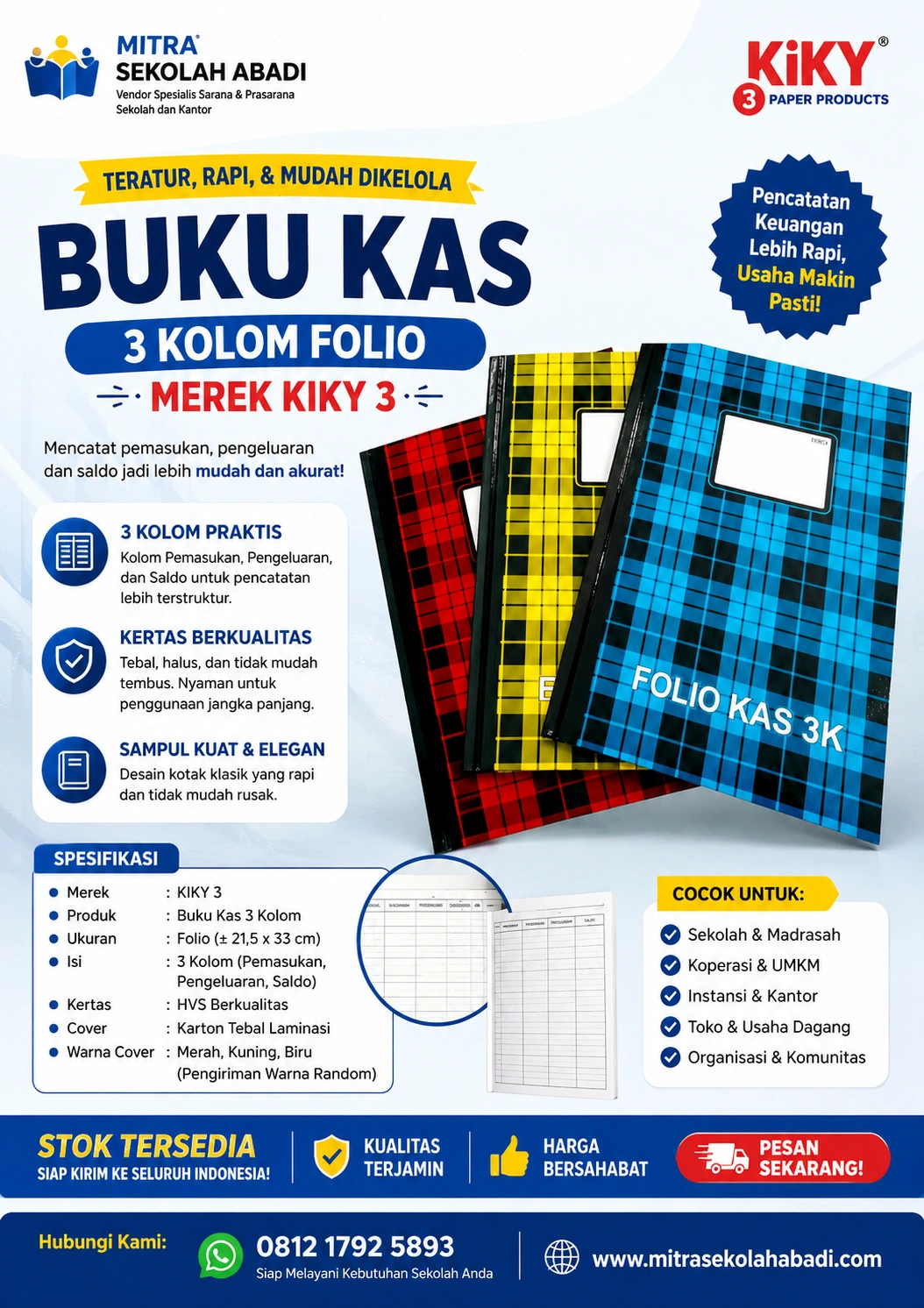 Buku Kas 3 Kolom Folio Kiky – Buku Pembukuan Keuangan Praktis dan Berkualitas