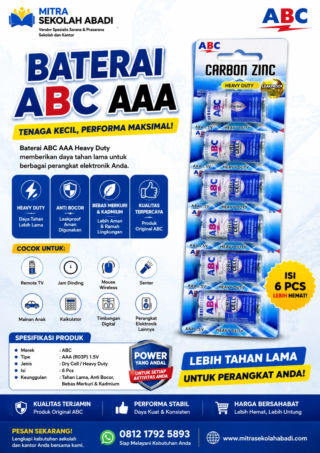 Baterai ABC AAA ( 12 pcs) Heavy Duty 1.5V – Baterai Kering Berkualitas untuk Perangkat Elektronik