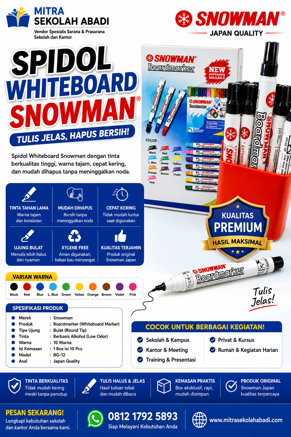 Spidol Whiteboard Snowman Original – Tinta Tajam, Mudah Dihapus, Cocok untuk Sekolah dan Kantor