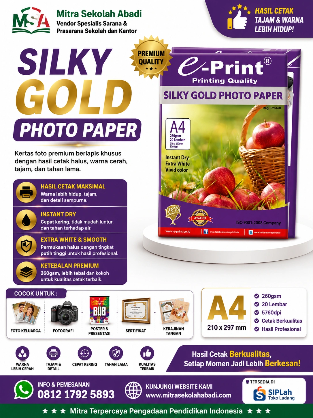 Silky Gold Photo Paper A4 260 gsm – Kertas Foto Premium Hasil Cetak Tajam dan Warna Cerah