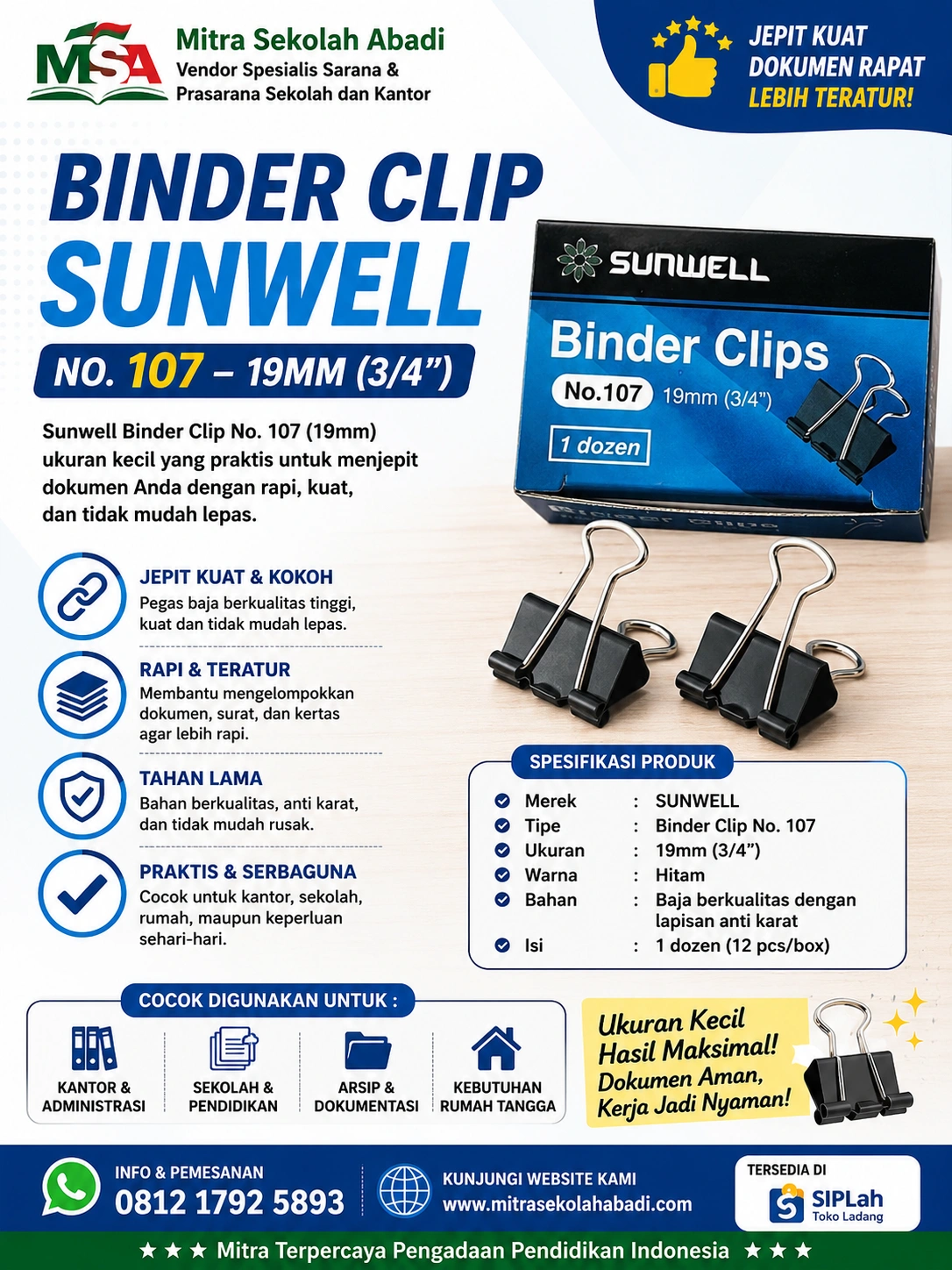 Binder Clip Sunwell No. 107 (19 mm) – Penjepit Dokumen Kuat, Praktis, dan Tahan Lama