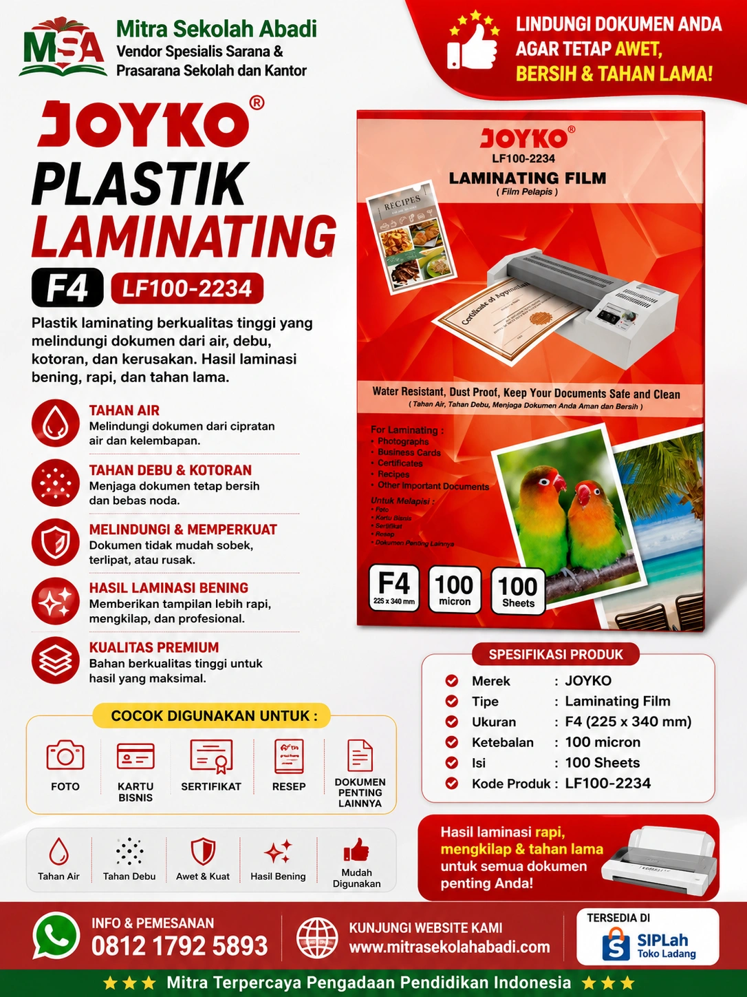 Plastik Laminating F4 Joyko 100 Micron – Laminating Film Berkualitas untuk Melindungi Dokumen