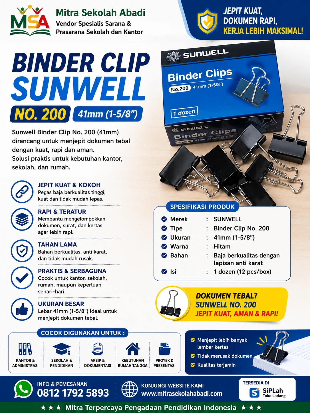 Binder Clip Sunwell No. 200 (41 mm) – Penjepit Dokumen Besar, Kuat, dan Tahan Lama