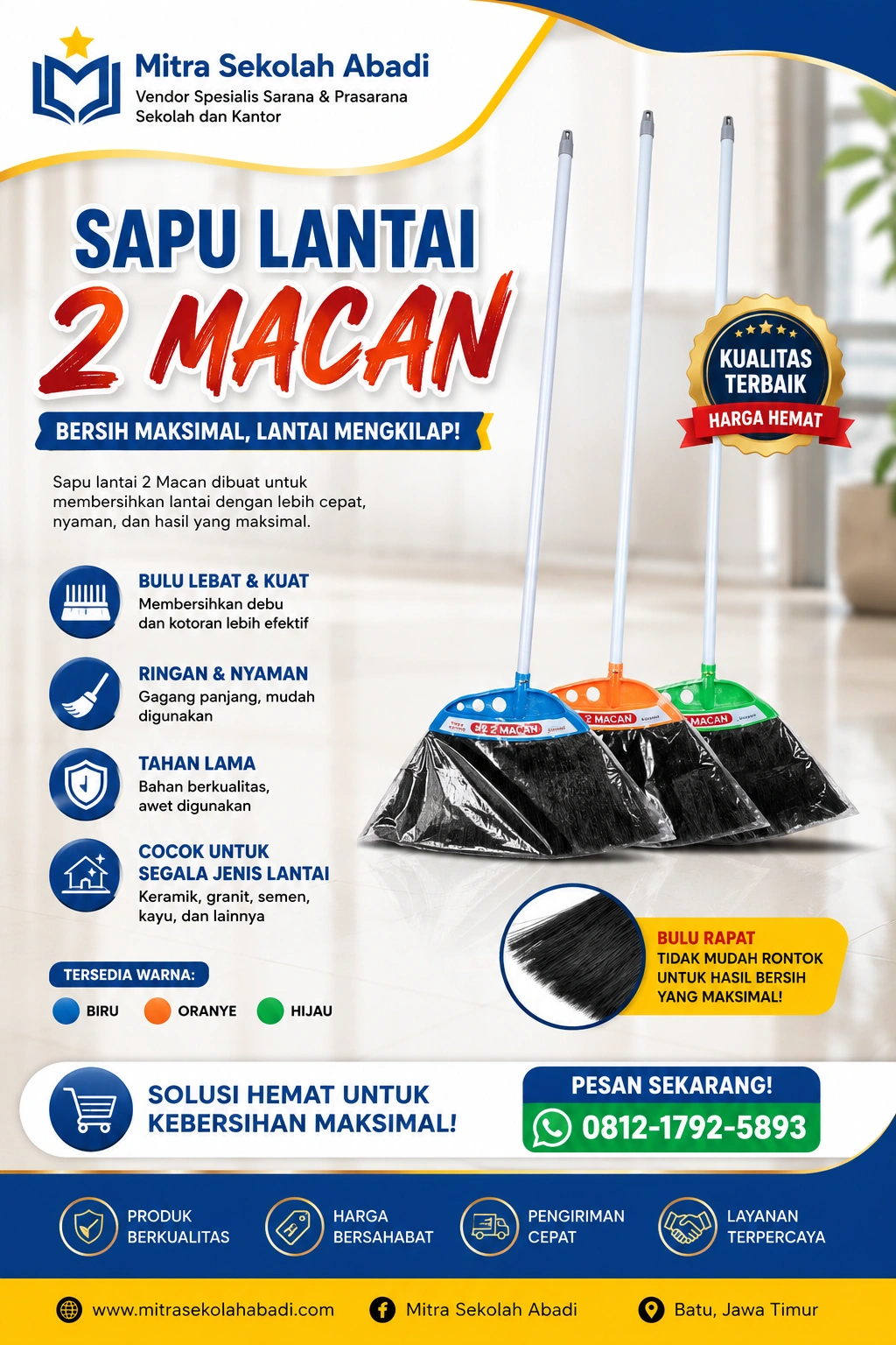 Sapu Lantai 2 Macan Family Sedang – Sapu Rumah Berkualitas dengan Bulu Tebal dan Gagang Kuat