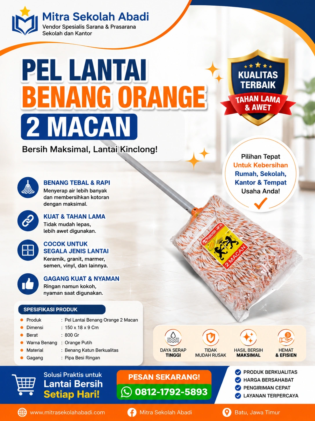 Pel Lantai Benang Orange 2 Macan – Pel Lantai Berkualitas dengan Daya Serap Tinggi