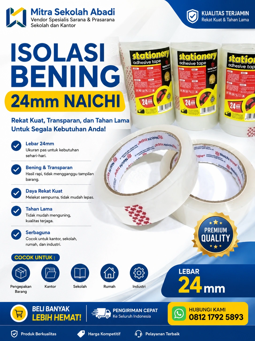 Isolasi Bening 24mm NAICHI – Lakban Transparan Kuat untuk Kantor, Sekolah, dan Pengemasan