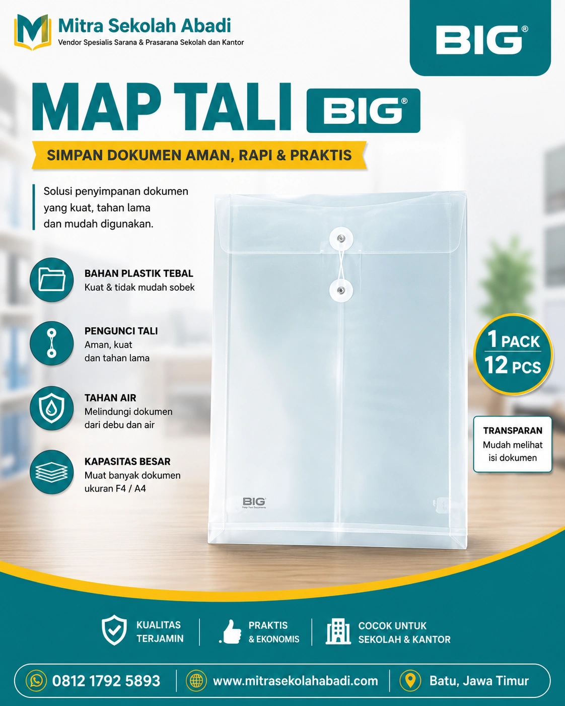 Map Tali BIG Transparan F4/A4 – Solusi Penyimpanan Dokumen yang Rapi, Aman, dan Tahan Lama
