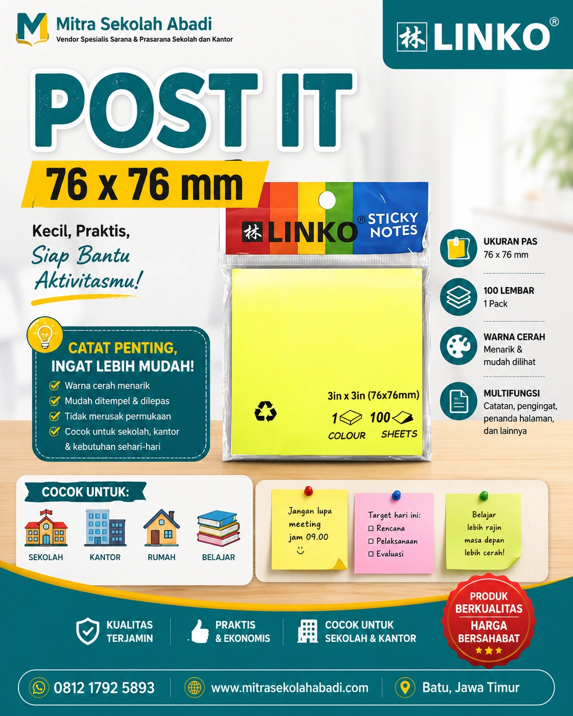 Post It LINKO 76 x 76 mm Sticky Notes 100 Lembar – Kertas Catatan Tempel Praktis untuk Sekolah & Kantor