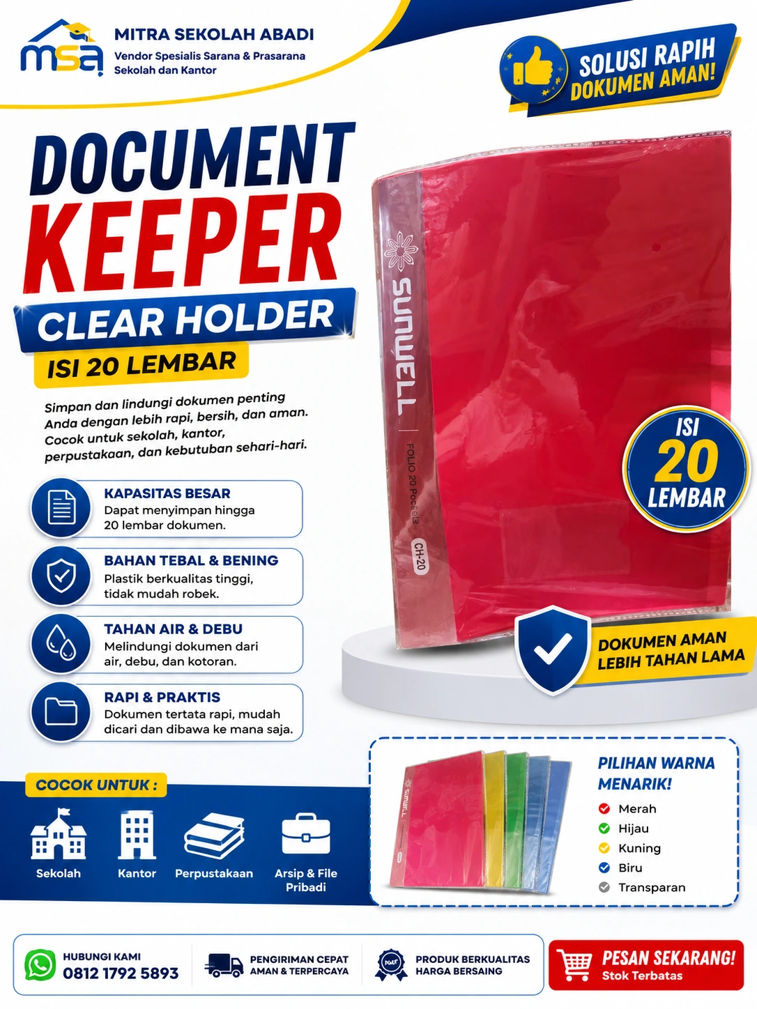 Document Keeper / Clear Holder Isi 20 Lembar – Map Dokumen Folio untuk Sekolah, Kantor & Arsip