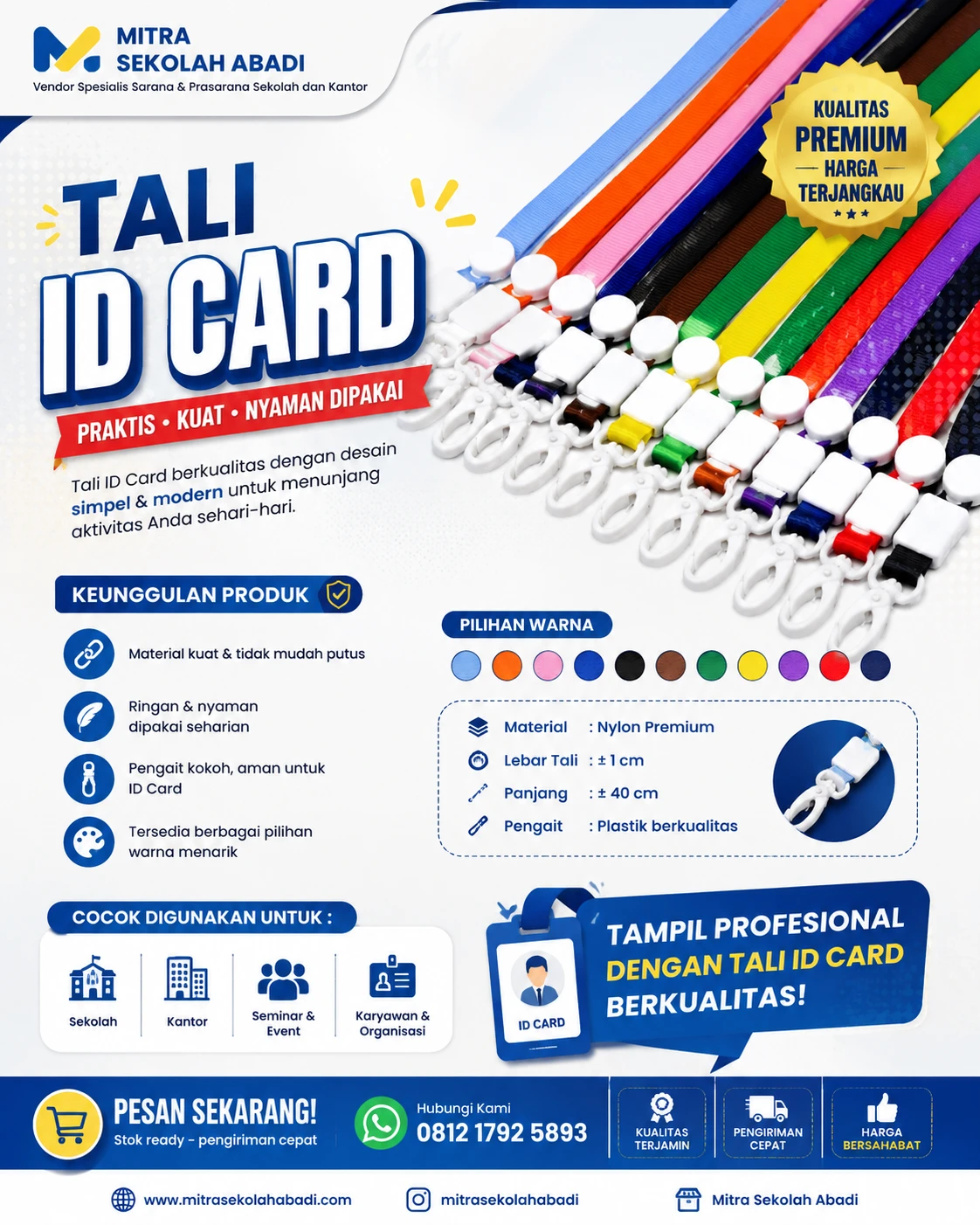 Tali ID Card Nylon Premium – Kuat, Nyaman Dipakai & Tersedia Berbagai Pilihan Warna