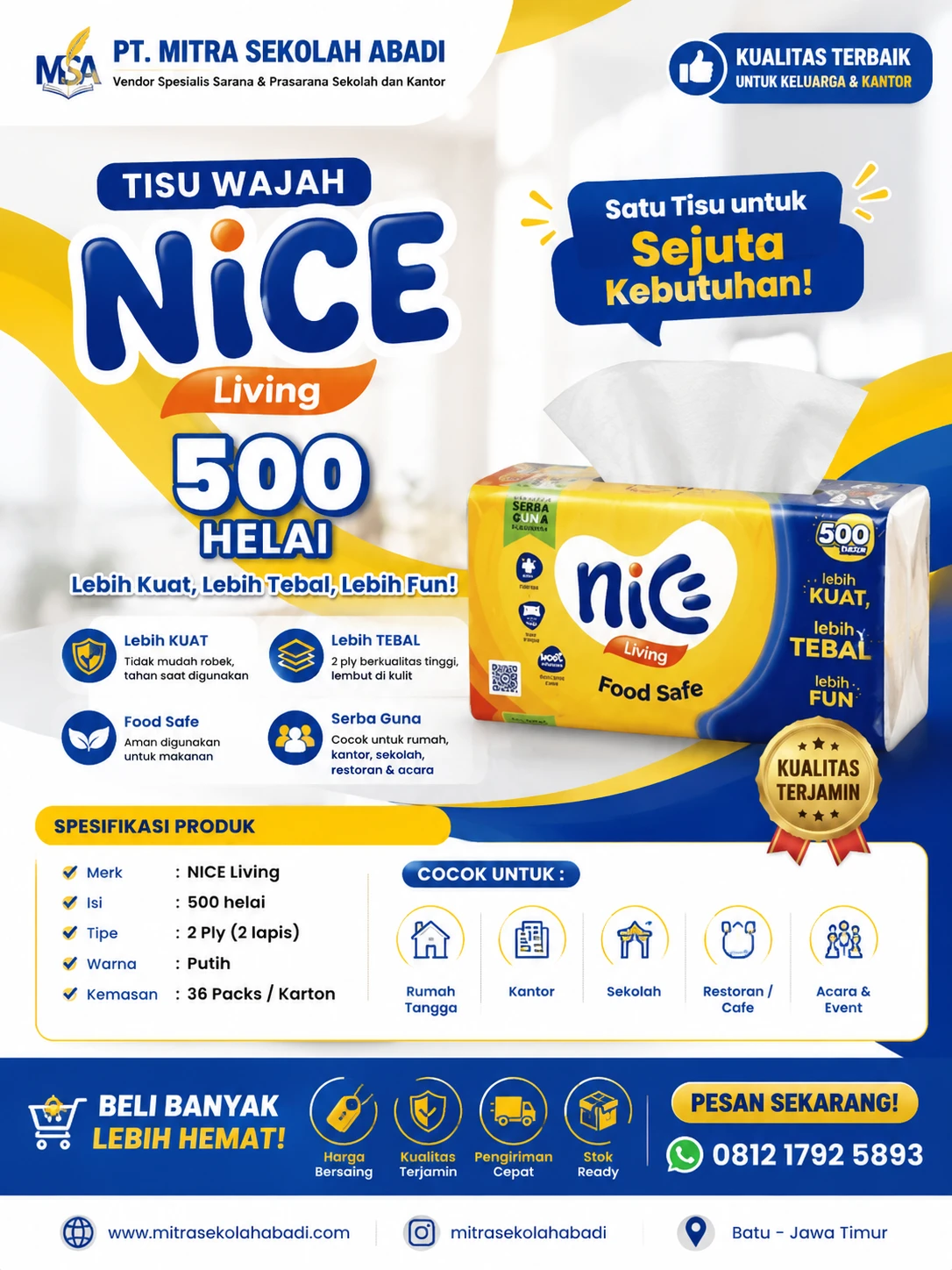 Tisu Wajah Nice Living 500 Helai 2 Ply – Tisu Serbaguna Lembut, Tebal & Food Safe