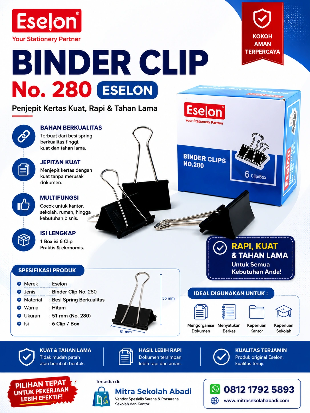 Binder Clip No. 280 Eselon – Penjepit Kertas Kuat, Kokoh, dan Tahan Lama