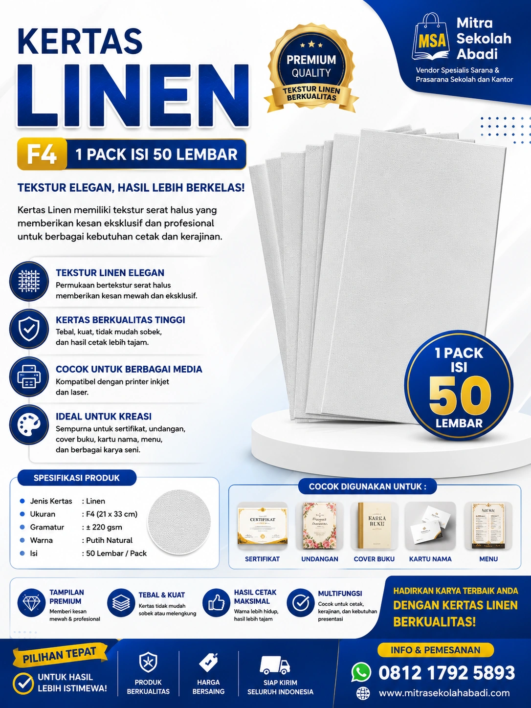 Kertas Linen F4 1 Pack Isi 50 Lembar – Kertas Tekstur Premium untuk Sertifikat, Piagam, dan Undangan