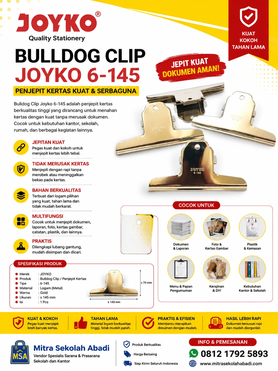 Bulldog Clip 6-145 Joyko – Penjepit Kertas Logam Kuat untuk Dokumen Tebal  Bulldog Clip 6-145 Joyko adalah penjepit kertas berkualitas tinggi yang dirancang