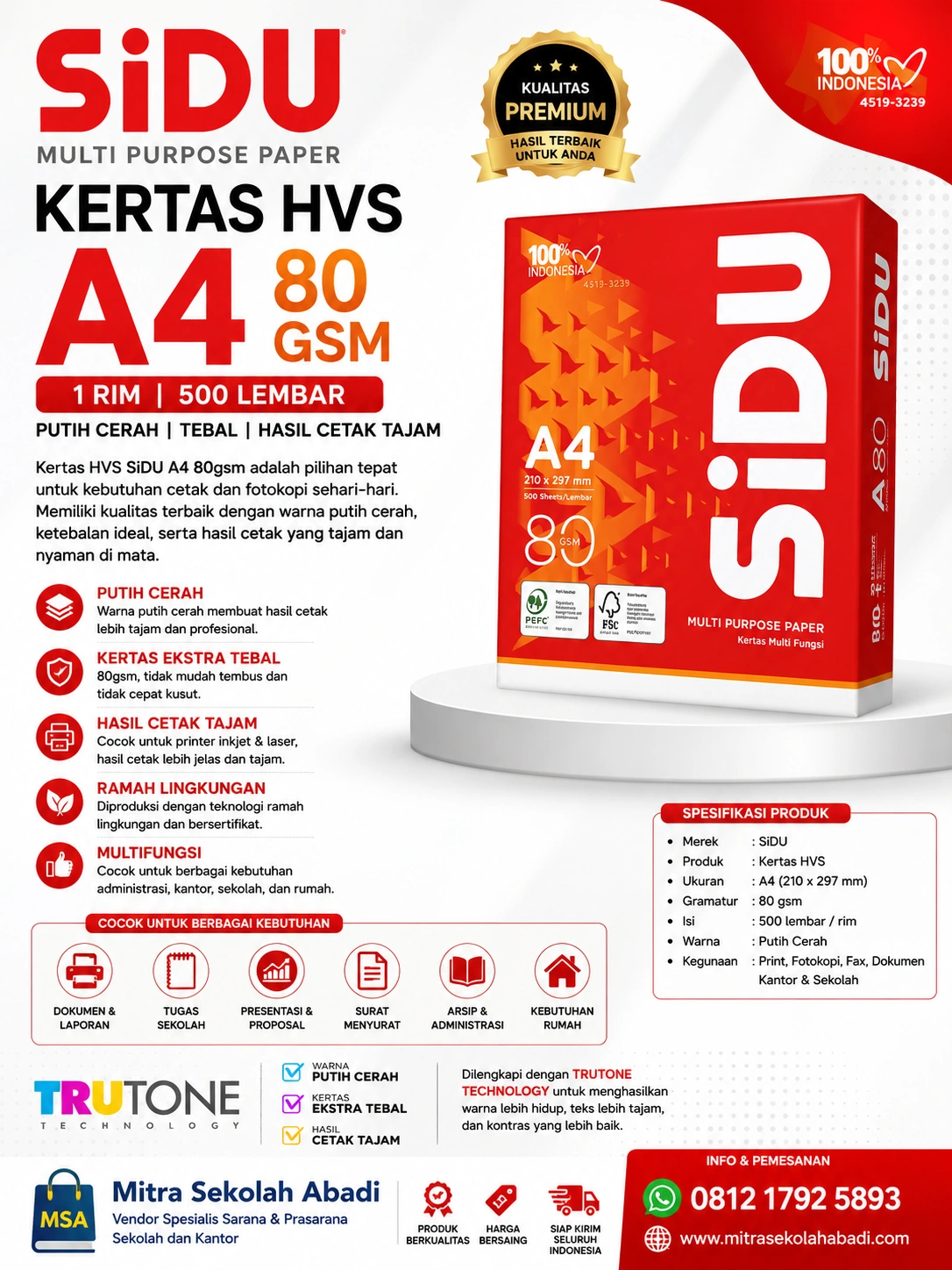 Kertas HVS A4 SiDU 80 Gram 1 Rim (500 Lembar) – Kertas Fotokopi Premium untuk Printer & Fotokopi