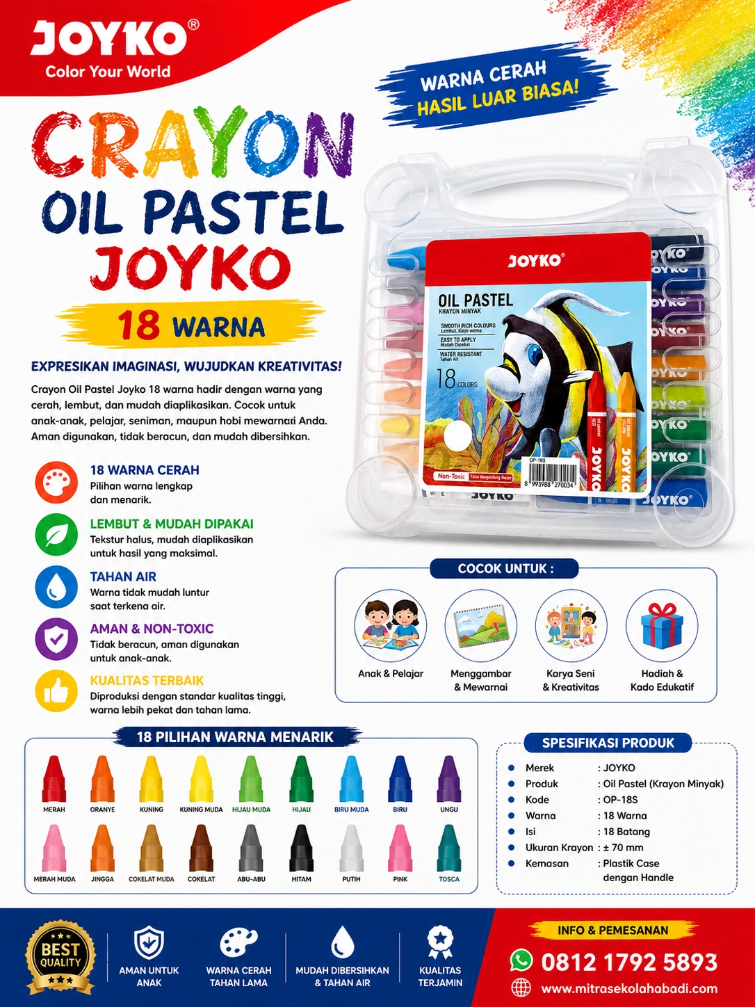 Crayon Joyko 18 Warna (Oil Pastel) – Krayon Minyak Warna Cerah untuk Anak Sekolah dan Kegiatan Menggambar  Crayon Joyko 18 Warna (Oil Pastel) adalah krayon