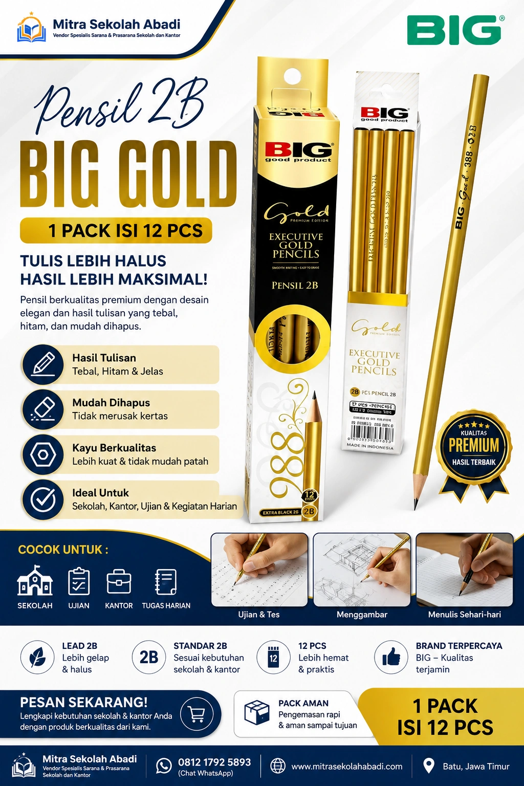 Pensil 2B BIG Gold 1 Pack Isi 12 PCS – Pensil Premium untuk Sekolah, Kantor & Ujian  Pensil 2B BIG