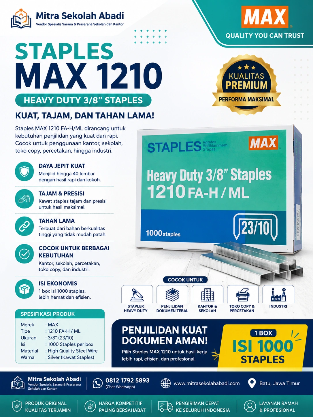 Isi Staples MAX 1210 (23/10) Heavy Duty 1000 Staples – Kawat Staples Berkualitas untuk Stapler Heavy Duty