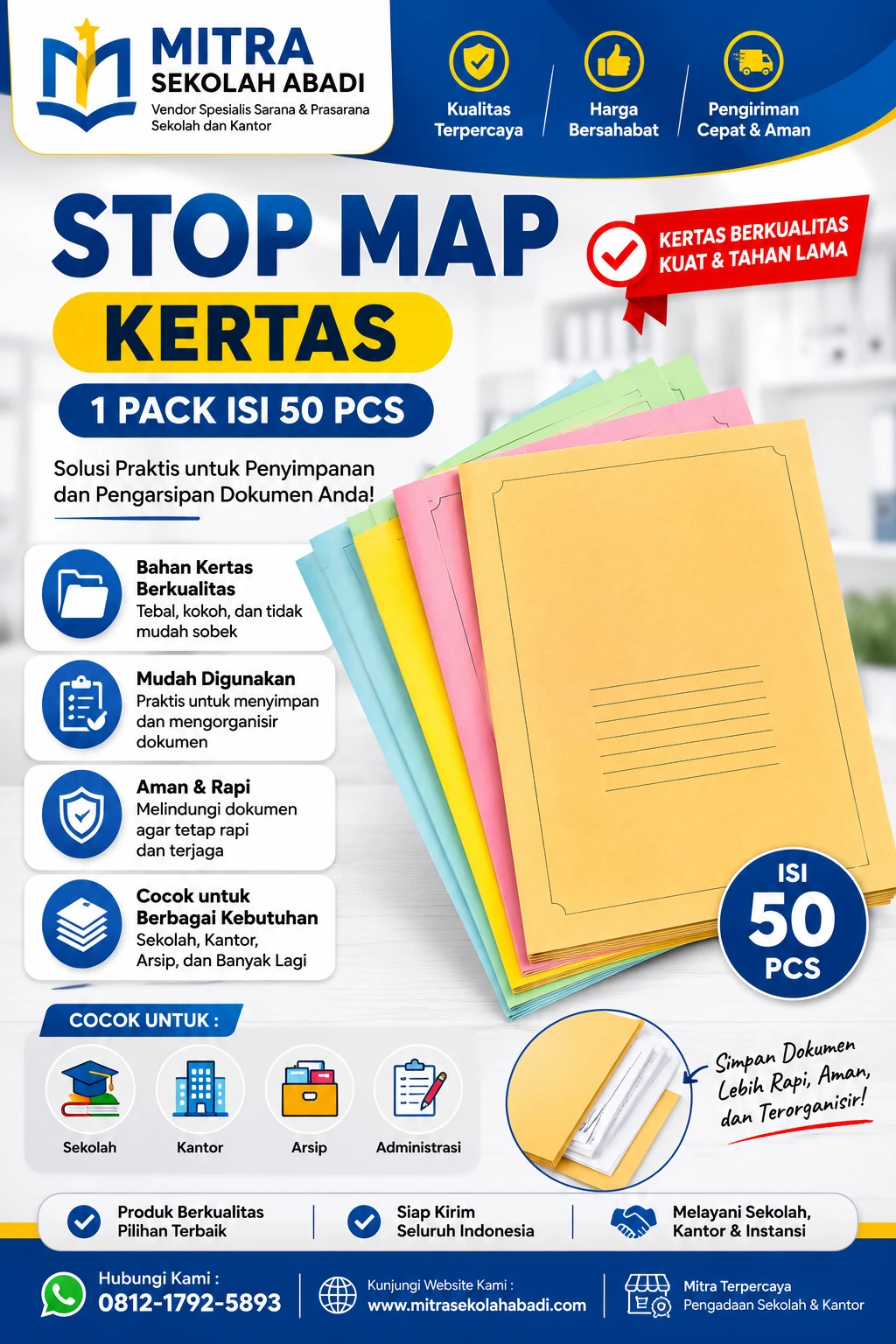 Stopmap Kertas 1 Pack Isi 50 PCS – Solusi Praktis untuk Arsip Dokumen Sekolah dan Kantor
