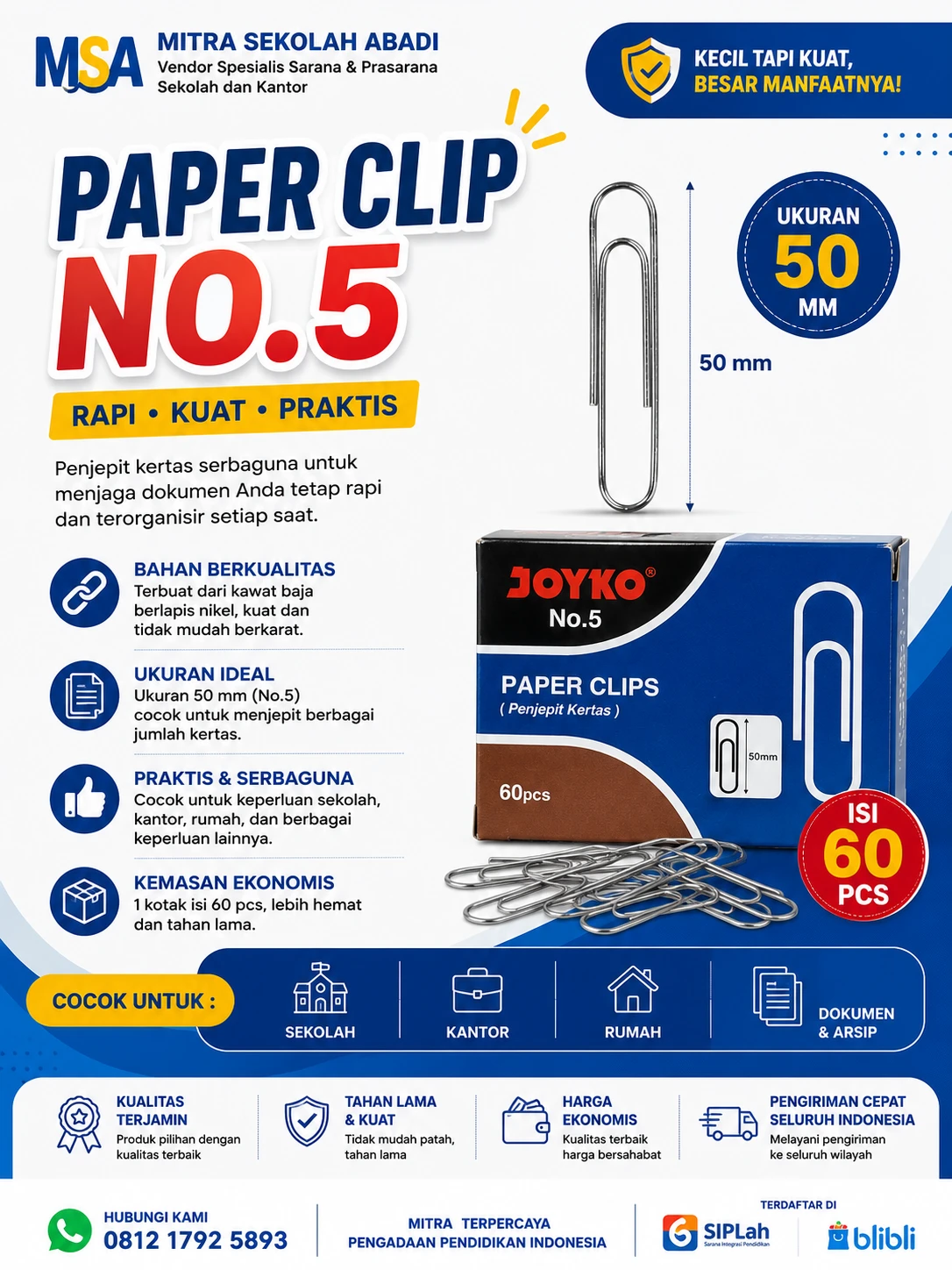 Paper Clip Joyko No.5 (50 mm) Isi 60 PCS – Penjepit Kertas Berkualitas untuk Sekolah & Kantor
