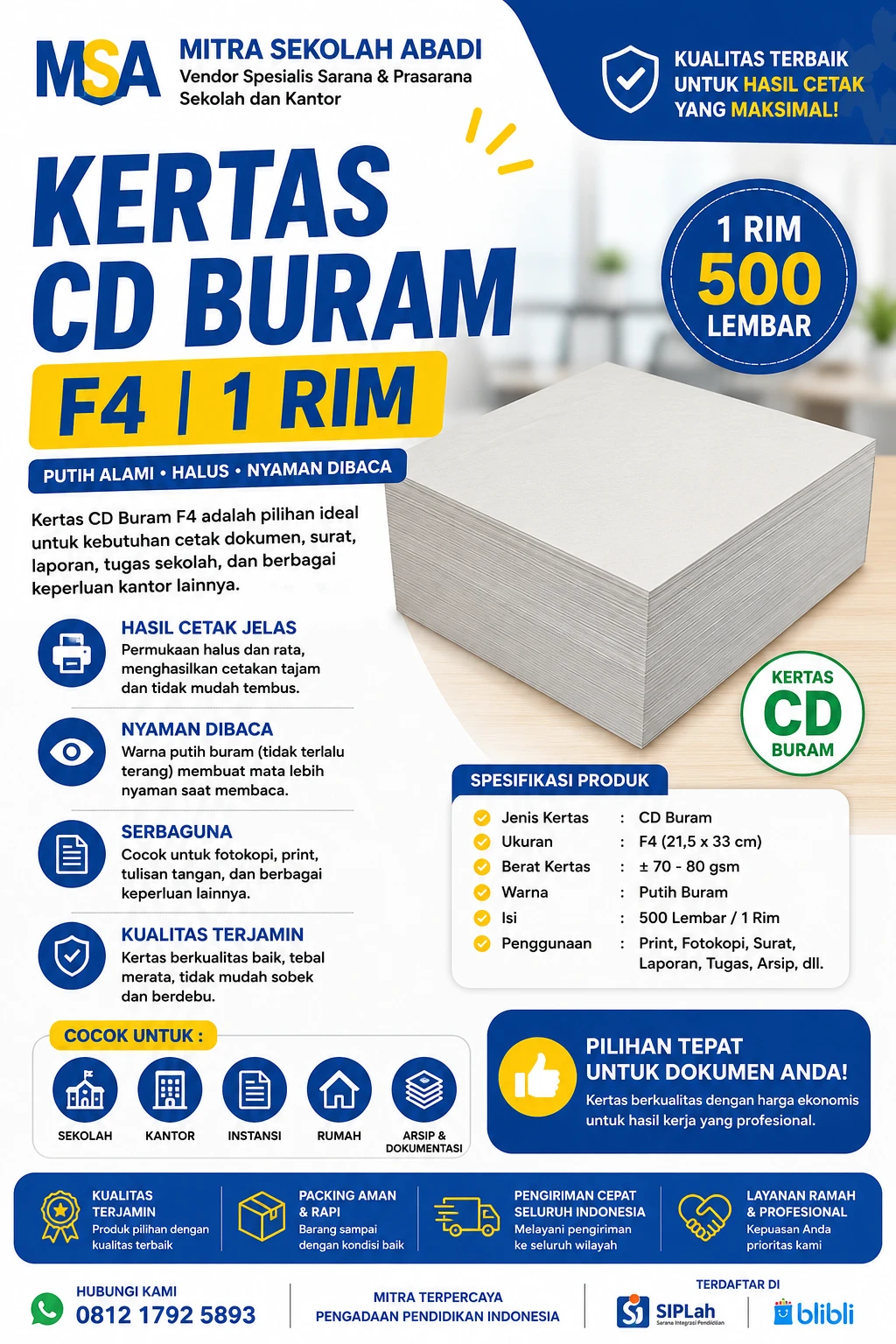 Kertas CD Buram F4 1 Rim – Kertas Buram Berkualitas untuk Sekolah, Kantor, dan Administrasi