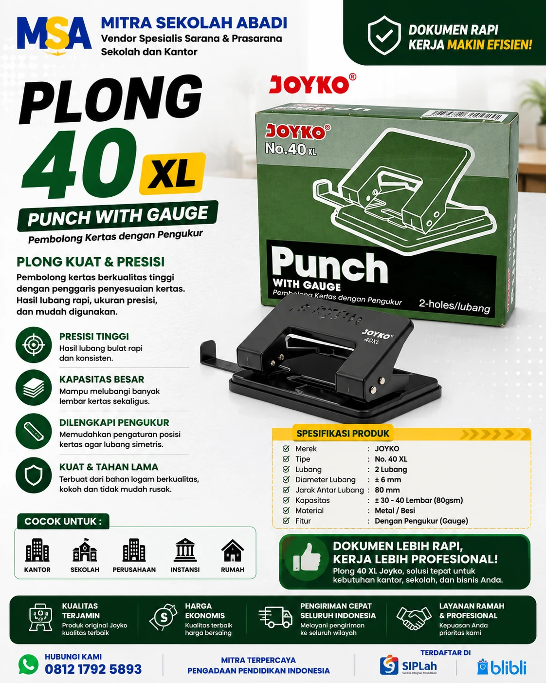 Plong 40 XL Joyko – Pembolong Kertas 2 Lubang dengan Penggaris (Gauge)