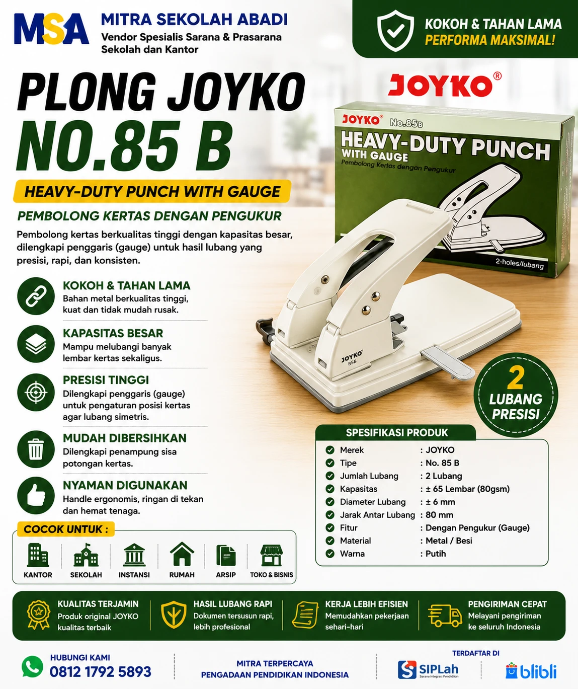 Plong Joyko No. 85B – Heavy Duty Punch 2 Lubang dengan Gauge untuk Kapasitas Besar